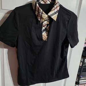 Black Short Sleeve Shirt with Plaid Collar